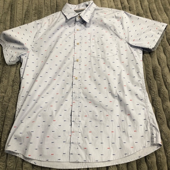 Light Blue button up Fish print all over - Picture 1 of 3